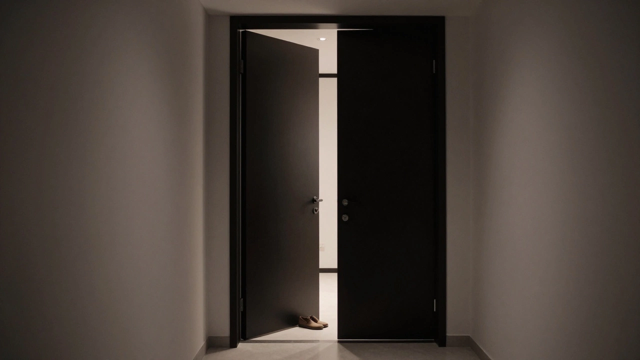 An unmarked apartment door slightly open in Dubai, revealing a clean, private interior with no advertising.