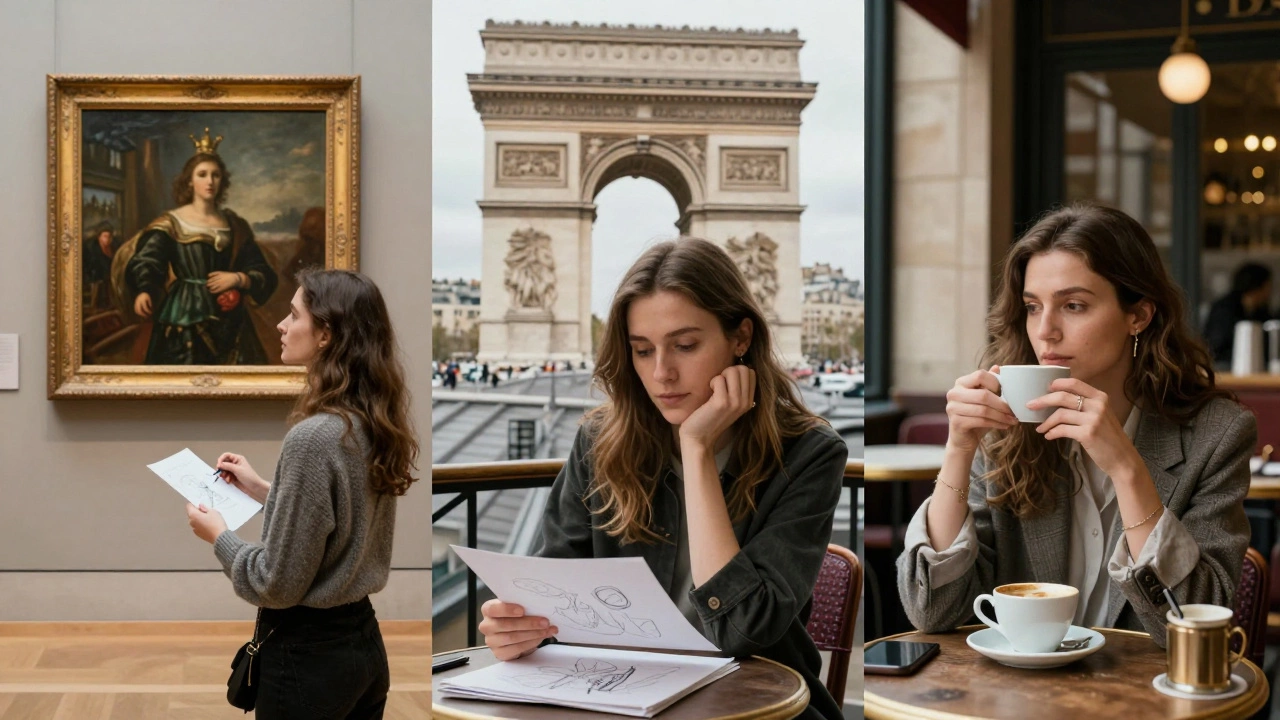 Three women in elegant attire are seen in different Paris locations: a museum, a rooftop, and a café.