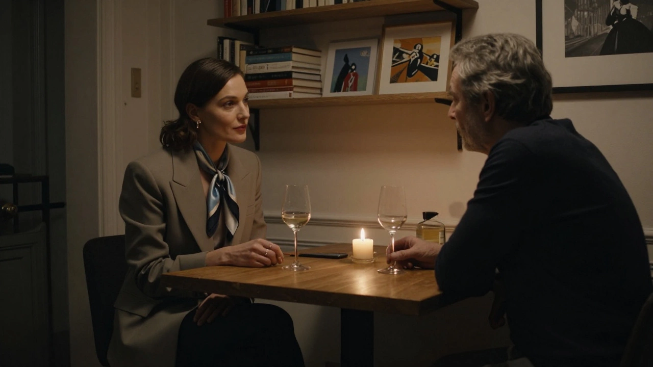 Two people sit quietly across from each other in a cozy Parisian apartment, sharing wine and conversation.
